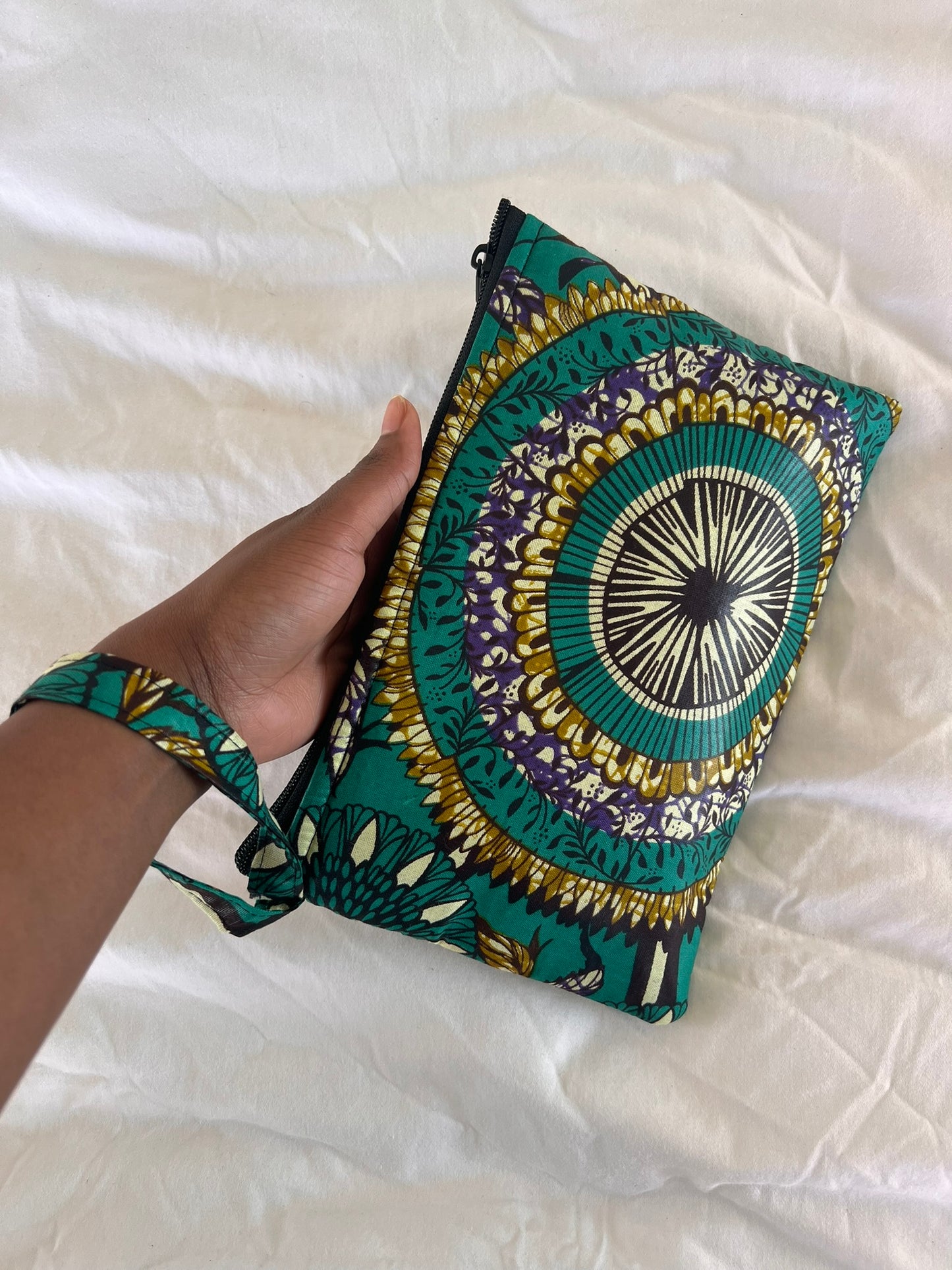Handmade Ankara Clutch Bag with Hoop – Green, Gold & Purple