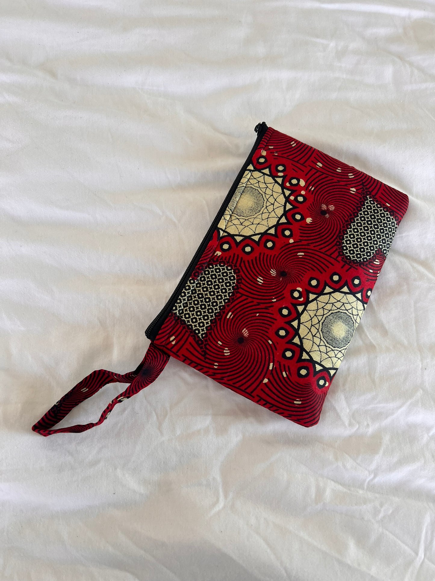 Handmade Ankara Clutch Bag with Hoop – Deep Red & Cream Elegance