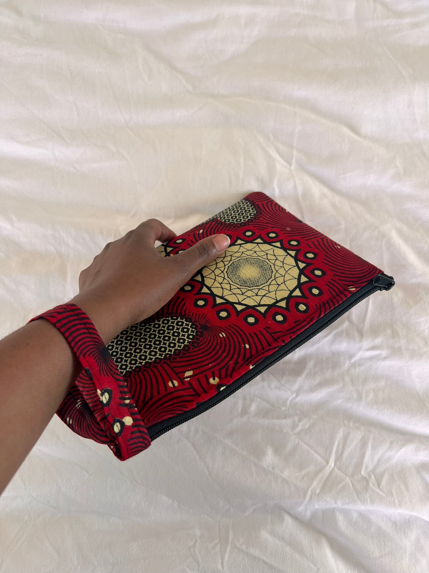 Handmade Ankara Clutch Bag with Hoop – Deep Red & Cream Elegance