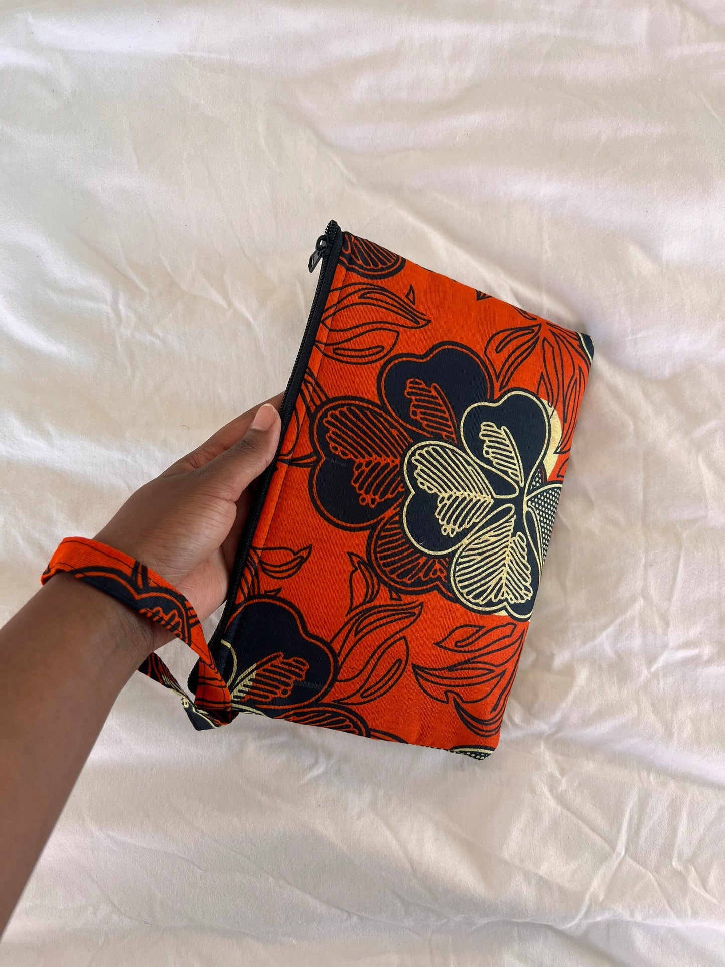 Handmade Ankara Clutch Bag with Hoop – Orange, Black & Cream Print
