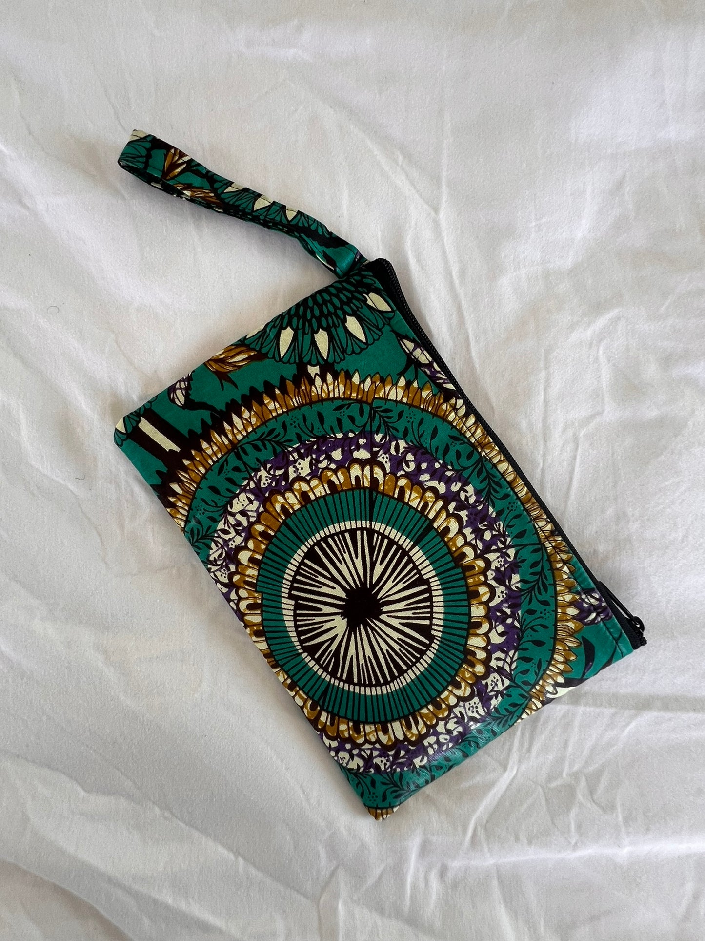 Handmade Ankara Clutch Bag with Hoop – Green, Gold & Purple