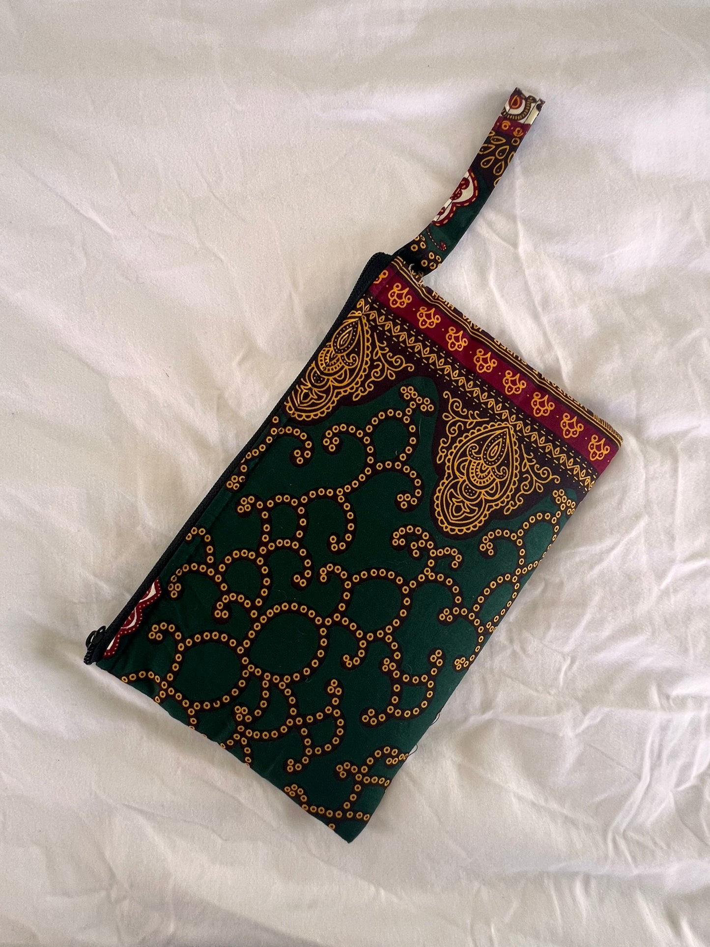 Handmade Ankara Clutch Bag with Hoop – Forest Green, Gold and Deep Red Vibes