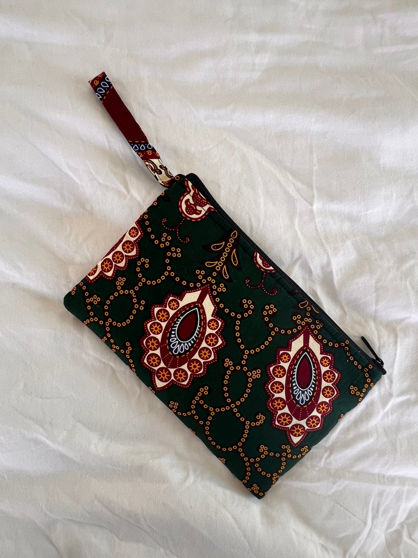 Handmade Ankara Clutch Bag with Hoop – Forest Green, Gold and Deep Red Vibes