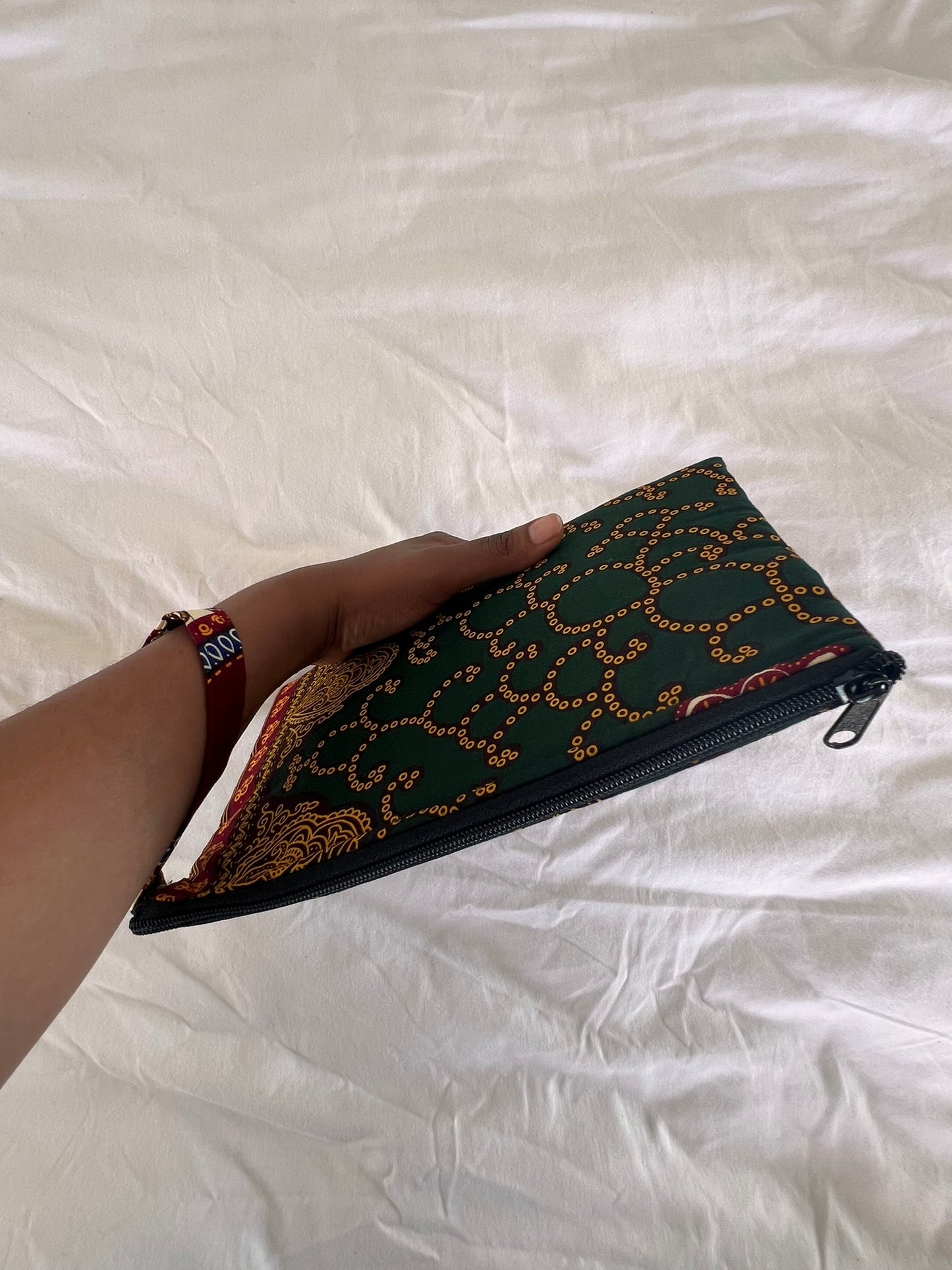 Handmade Ankara Clutch Bag with Hoop – Forest Green, Gold and Deep Red Vibes