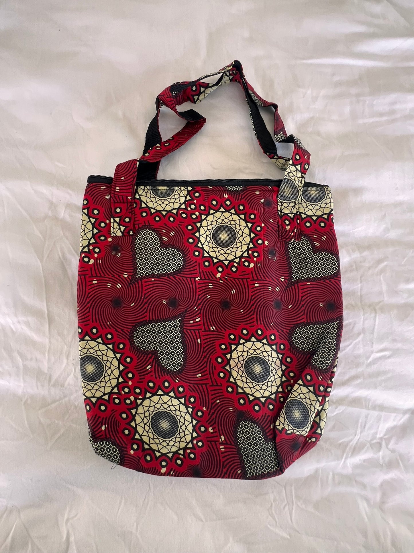 Ankara Tote Bag with Zipper & Inner Compartment – Deep Red & Cream Print