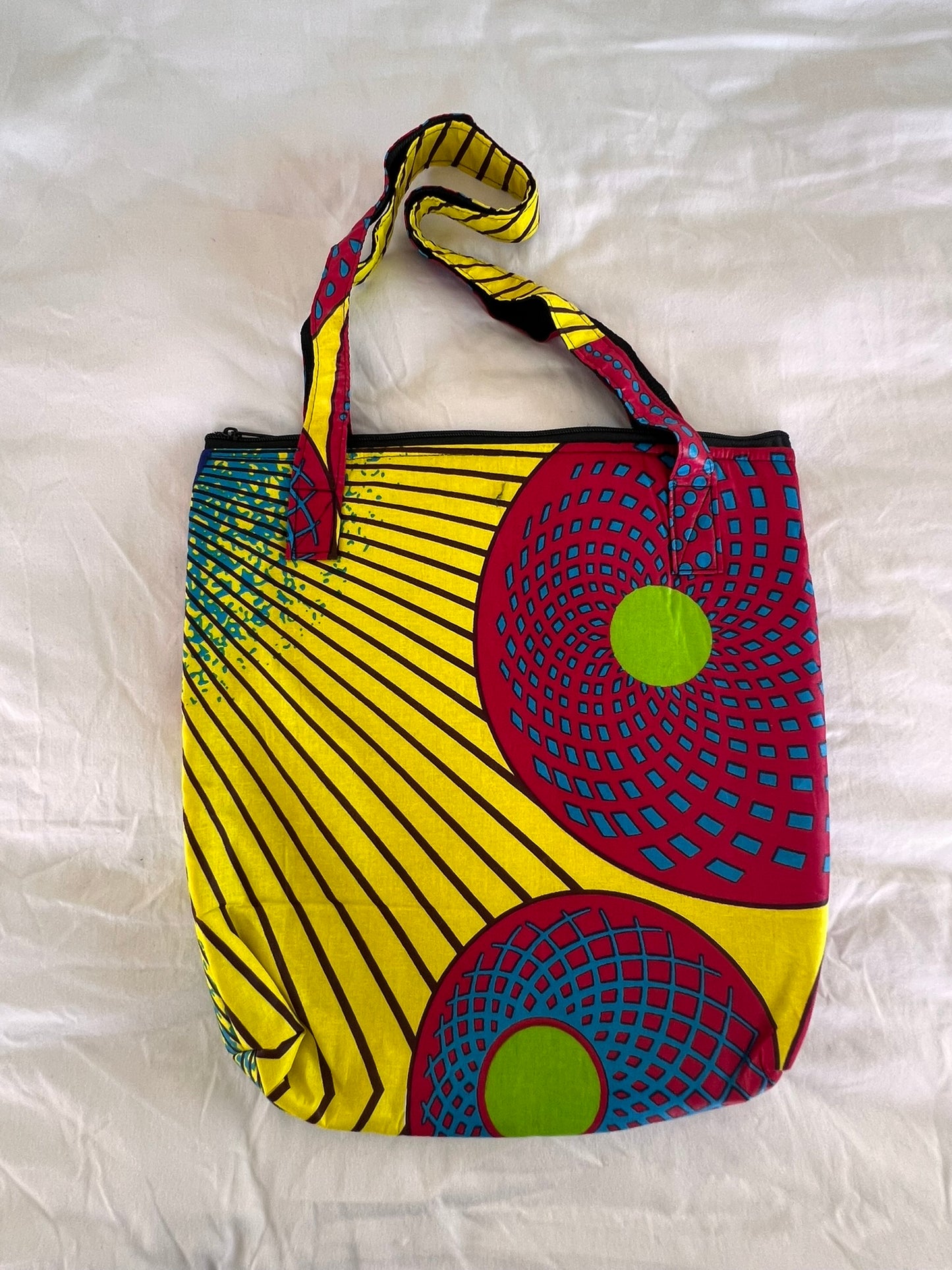 Ankara Tote Bag with Zipper & Inner Compartment – Yellow, Pink & Orange