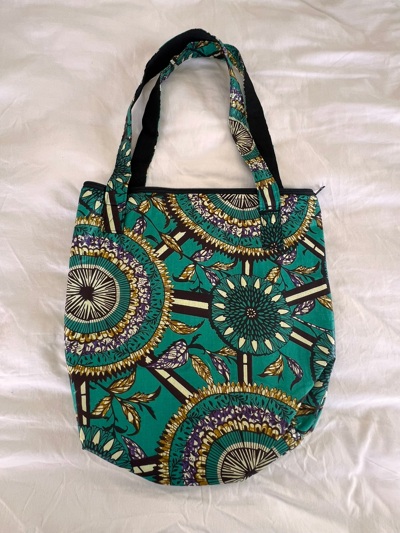 ankara travel tote bags Ankara Tote Bag with Zipper & Inner Compartment – Green & Gold Delight – 7 Red Ribbons