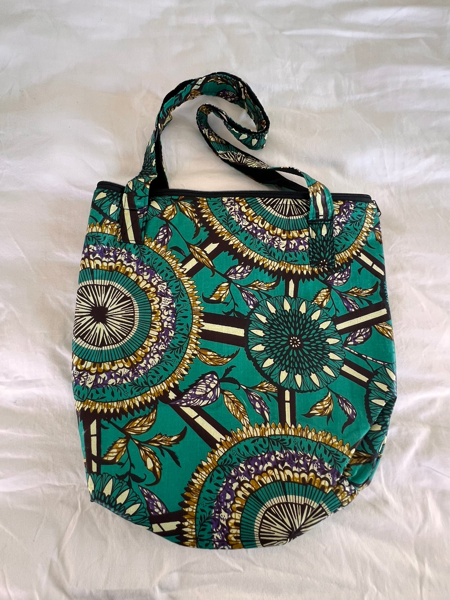 Ankara Tote Bag with Zipper & Inner Compartment – Green & Gold Delight