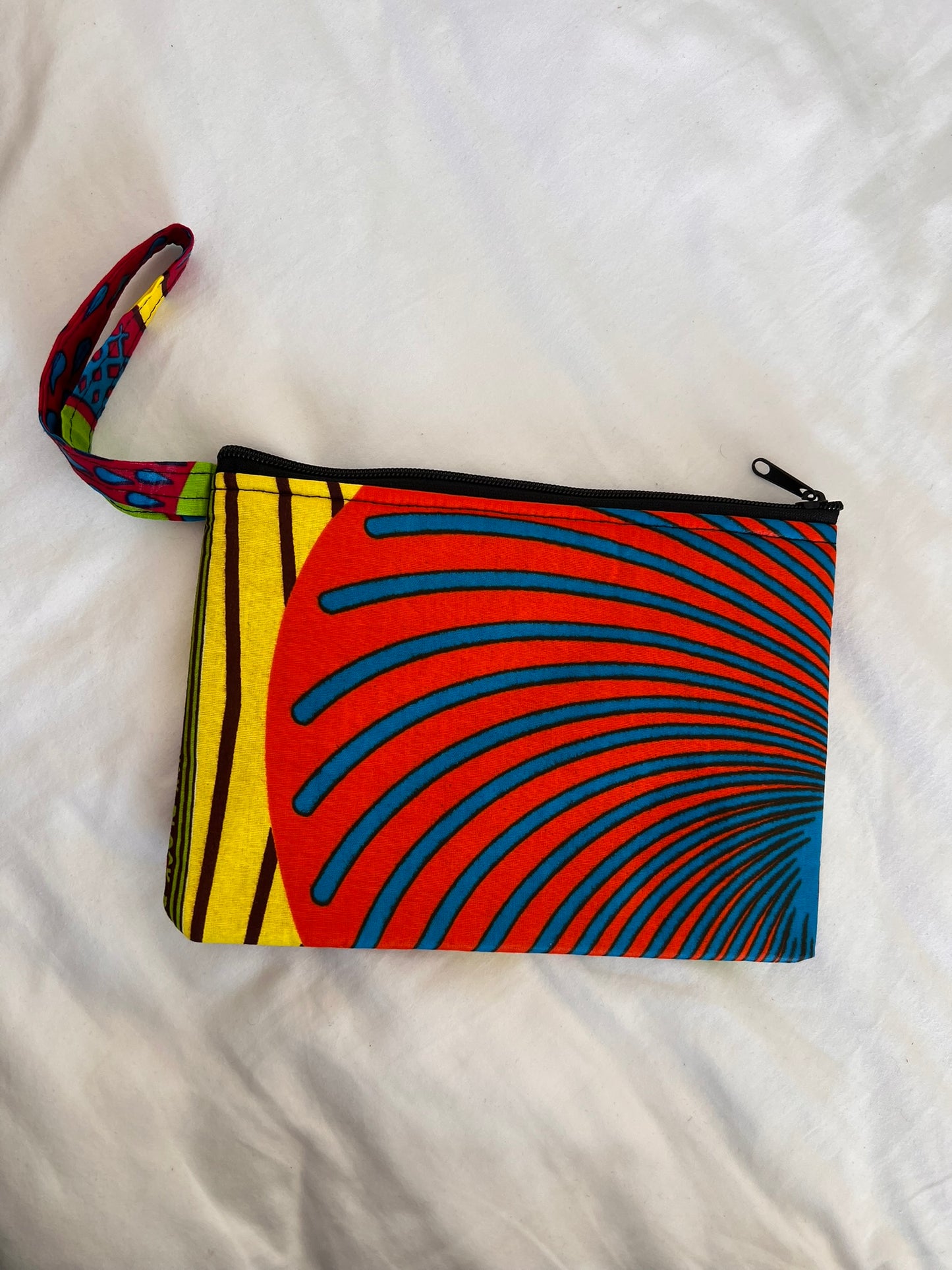 Handmade Ankara Clutch Bag with Hoop – Orange, Blue, Yellow & Pink