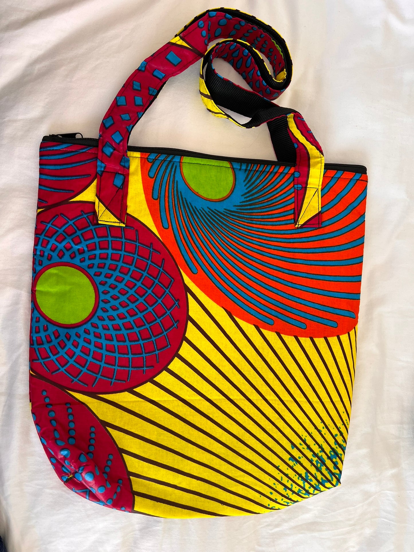 Ankara Tote Bag with Zipper & Inner Compartment – Yellow, Pink & Orange